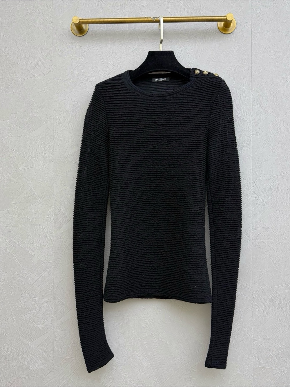 🚩stealBalmain Black Ribbed Long-Sleeve Button-Shoulder Top